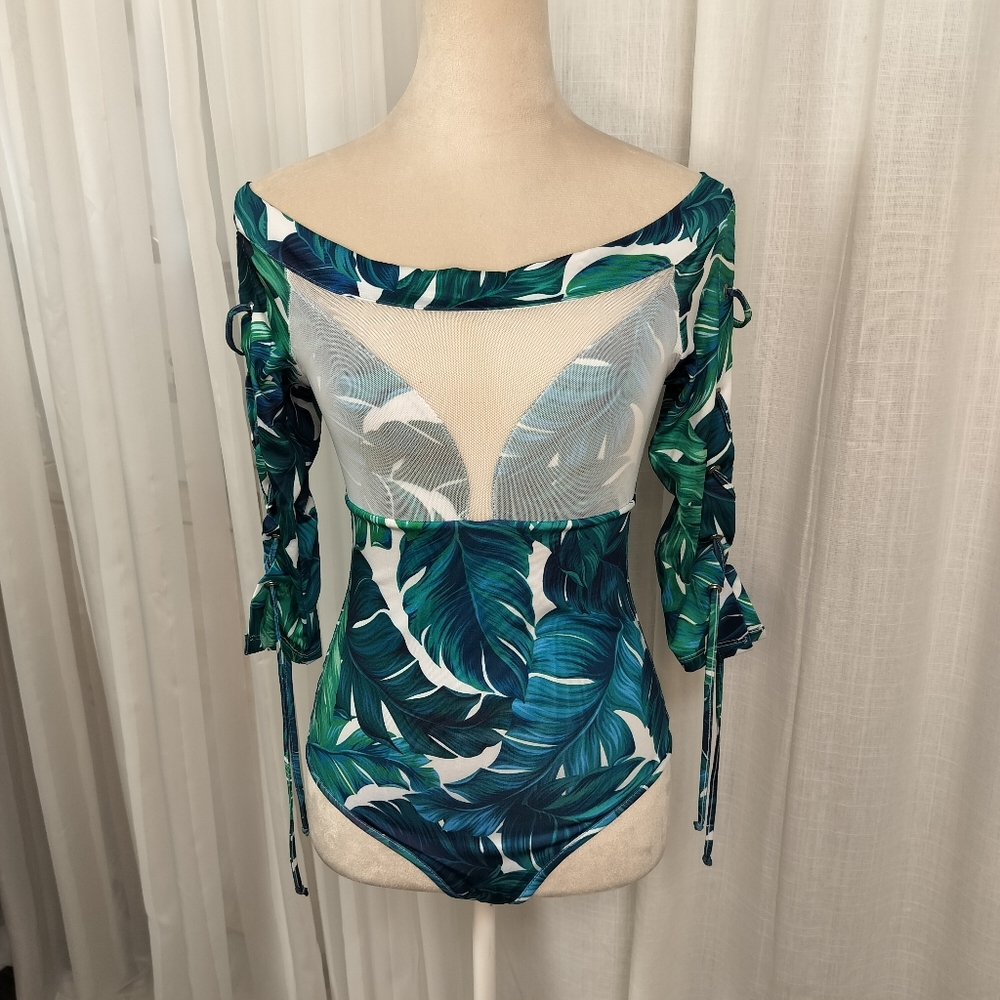 2/$30 Tropical Scoop Neck Blue Bodysuit Mesh Detail Size‎ S Resort Feminine